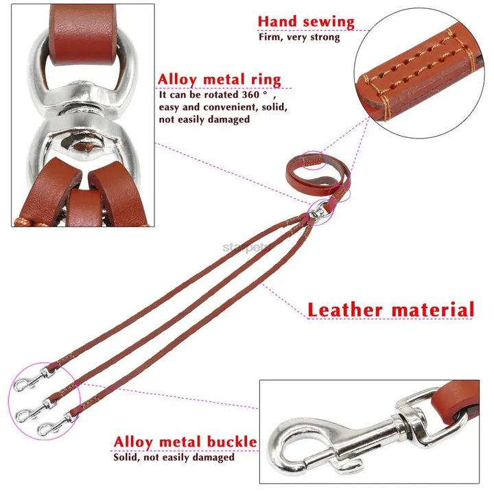Leather dog collar 3-way coupling for three dogs